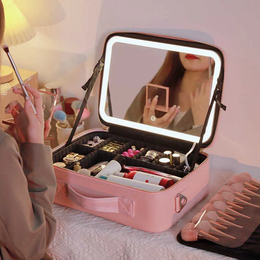 ShineBox - Organizador de Maquillaje Portátil con Espejo LED